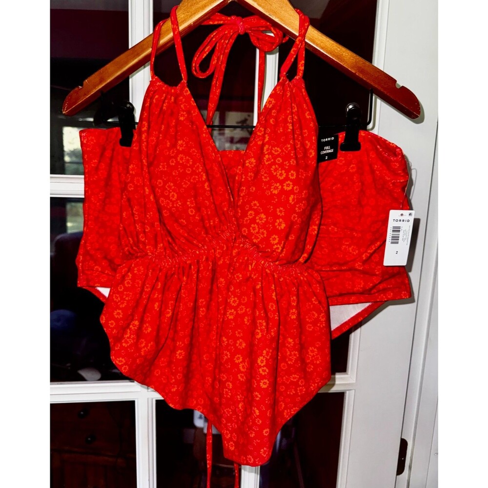 Torrid Elise ditsy red Flounce Bikini Set 2X 18/20 NWT High Waisted Swim